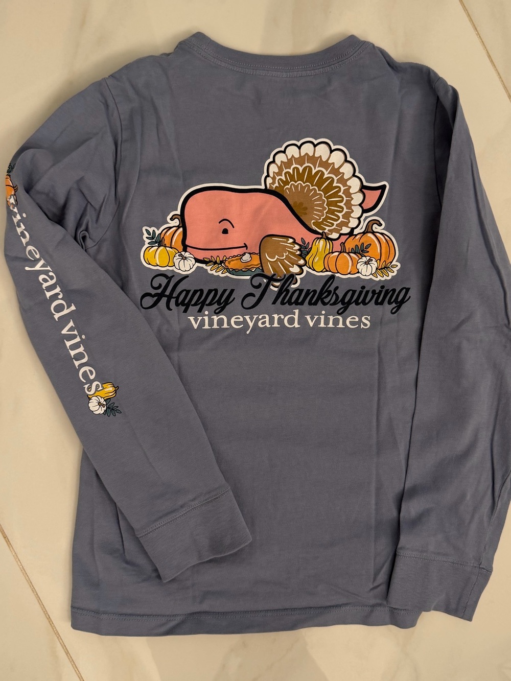 Vineyard Vines Kids Long Sleeve Tee - Blue with Pink Turkey & Orange Pumpkins